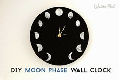 a black clock with white moon phases on the front and back of it that says diy moon phase wall clock