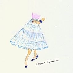 a drawing of a woman in a blue dress with a pink hat on her head