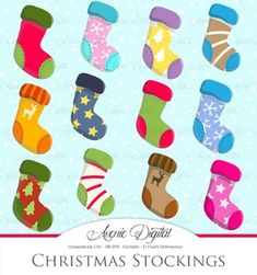 christmas stocking clipart set with socks and stockings on blue polka dot background for commercial use