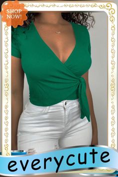 Hot Sales Ribbed Knit Deep V-neck Sexy Women Solid Color Short Sleeve Criss Cross Bandage Basic Shirts Crop Top Solid Color V-neck Top For Night Out, Stretch V-neck Crop Top For Night Out, Trendy Solid V-neck Crop Top, Stretch Solid Color V-neck Top, Green V-neck Top For Night Out, Stretch V-neck Solid Color Top, Stretch V-neck Crop Top Solid Color, Stretch Solid V-neck Crop Top, Stretch V-neck Solid Color Crop Top