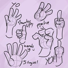 hand gestures drawn in black and white on a purple background with the words thumbs up