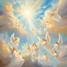 an artistic painting of angels flying in the sky with sun shining through clouds behind them