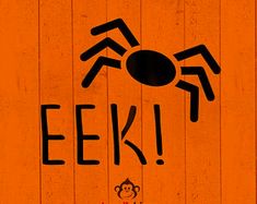 an orange background with the words eeki on it and a spider drawn in black