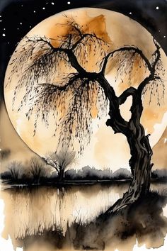 a watercolor and ink painting of a tree by the lake under a full moon