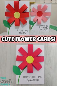 three cards with flowers made out of paper and the words, cute flower cards