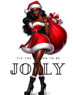 a woman dressed as santa clause holding a bag with the words, it's the year to be jollyy