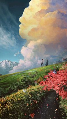 a painting of two people standing on top of a lush green field under a cloudy sky