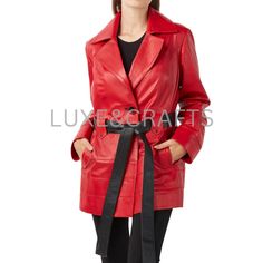 Women's Red Solid Casual Single Breasted Leather Trench Coat / Long Coat with Petite Black Belt, Women's Black Leather Long Coat - from Luxe & Crafts. Material Type : 100% Genuine Lambskin Leather. Collar : Shirt Style Collar. Length : Below the Knee Length. Closure Type :  Button Closure along with Outer Waist Belt Closure. Number of Pockets : 2 Side Pockets. Color : Red Lining Material : 100% Premium Lining / Viscose Lining. Care Instructions : Professional Leather Clean Only. Package Contains Red Single-breasted Leather Outerwear, Red Leather Outerwear For Work, Red Leather Long Coat, Red Belted Outerwear For Work, Red Leather Trench Coat, Red Jacket Men, Leather Long Jacket, Silver Leather Jacket, Long Leather Coat