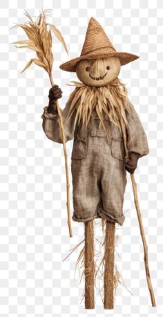 scarecrow with straw hat and cane standing in front of a white background png