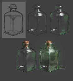 three glass bottles with corks on the top and bottom are shown in different angles