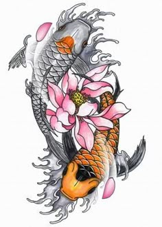 two koi fish with pink flowers on their tails