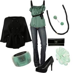 Casual look - really like the color Jeans Casual, Green Outfit, Jewelry And Accessories, Work Casual, Shoes Jewelry