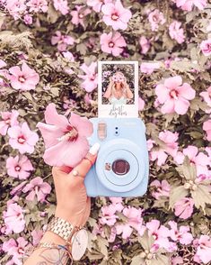 a person holding up a camera with pink flowers in front of them and the photo is being taken