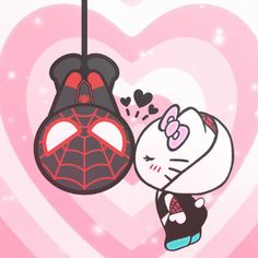 hello kitty and spider - man hanging from a heart shaped string with hearts in the background