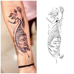 two tattoos on the arm and one with a woman's face