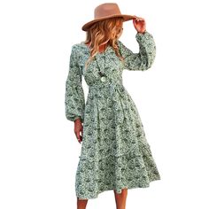 Green Floral Print Tie Waist Long Sleeve Swing Dress Green Midi Dress For Fall, Fall Beach Midi Dress With Long Sleeves, Green Bohemian Midi Dress For Fall, Green Midi Dress For Fall Day Out, Green Midi Dress For A Fall Day Out, Green Floral Print, Dresses Floral, Floral Dresses, Printed Ties