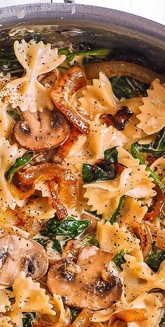 pasta with mushrooms and spinach in a pan