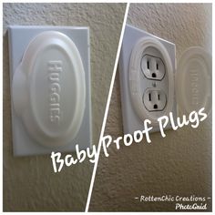 two pictures of baby proof plugs on the wall