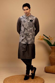 Grey cotton silk bundi with floral blossom pattern. Paired with an inner kurta and churidar. - Aza Fashions Cotton Traditional Wear With Printed Motifs For Wedding, Elegant Cotton Bandhgala For Designer Wear, Cotton Kurta With Printed Motifs For Wedding, Festive Chanderi Kurta With Floral Print, Elegant Cotton Bandhgala Straight Kurta, Elegant Designer Cotton Nehru Jacket, Cotton Traditional Wear With Floral Print For Wedding, Wedding Cotton Kurta With Floral Print, Elegant Cotton Nehru Jacket