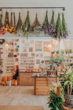 the interior of a flower shop with lots of hanging plants and pots on the wall