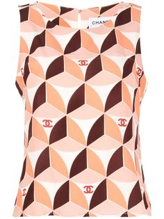 circa 2001 beige/pink/brown silk geometric print signature interlocking CC logo round neck keyhole detail to the rear rear button fastening sleeveless straight hem Condition: GOOD. This previously owned and used item is in good condition with minimal signs of use. This may include fading of material or plating and scratches. Purchasing this item continues its narrative and reduces the environmental impact by avoiding the use of new resources needed to make the product from scratch, such as water, materials and electricity, and avoiding additional manufacturing impact. Learn more about what makes a product Conscious on our Conscious Criteria page Designer Sleeveless Silk Top, Designer Silk Sleeveless Tops, Versace Outfit, Shopping Chanel, Round Logo, Chanel Vintage, Brown Silk, Demi Fine Jewelry, Summer Beach Wear