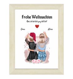 two women are standing next to each other in front of a white frame with the words, frohe wehnachen