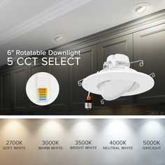 the 6 rottable downlight 5 cct select is available in white, 3500k, 4500k, 5000k, and 6000k