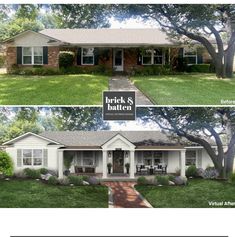 before and after pictures of a brick ranch house