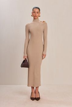 A long-sleeve ribbed knit maxi dress with a mock neck and left shoulder cut out detail. — Maxi length — Ribbed knit — Left cutout shoulder detail — Mock neck Cream Long Sleeve Dress, Icon Clothing, Evening Flats, Knit Maxi Dress, Sandal Platform, Cult Gaia, Shoulder Cut, Maxi Knit Dress, Fall Shopping