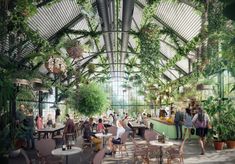 an artist's rendering of the inside of a greenhouse with tables, chairs and potted plants