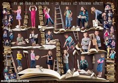 an open book with pictures of children and bookshelves on it that are collaged together