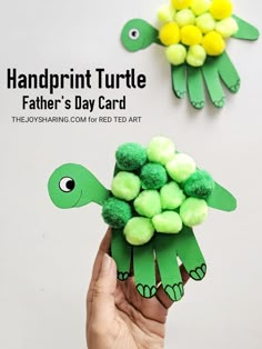 handprint turtle father's day card with pom - poms on it