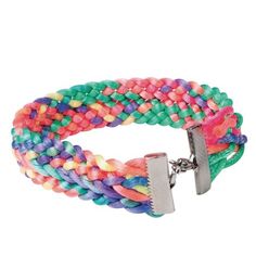 a multicolored bracelet with metal clasp