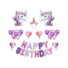 the words happy birthday are surrounded by balloons and unicorn head shapes in pink, purple, and lilac colors