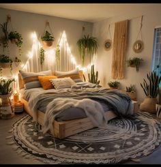 a bedroom with plants and lights on the wall