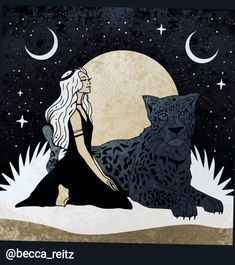 a woman sitting on the ground next to a black and white cat in front of a full moon