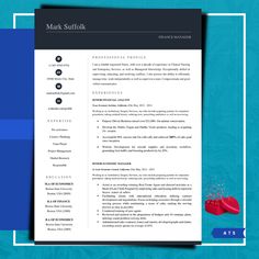 a professional resume template with blue and black accents on the front, and an image of a