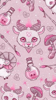 a pink wallpaper with various items on it and an image of a cat in the middle