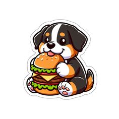 a sticker with a dog eating a hamburger