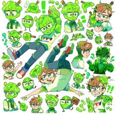 an image of some cartoon characters with green hair and glasses, all in different poses