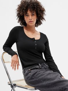 Ribbed Henley T-Shirt | Gap Factory Heart Blouse, Green Long Sleeve Top, Ruffle Bell Sleeve, Henley T Shirt, Button Long Sleeve, Bohemian Tops, Floral Shirt Dress, Gap Women, Black Rib