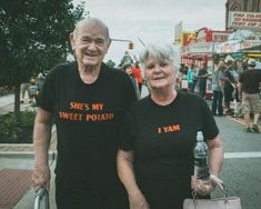 an older man and woman wearing t - shirts that say she's my sweet potato