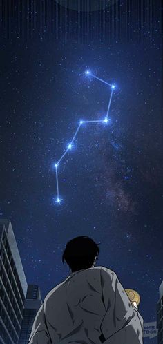 two people looking up at the stars in the sky above them, with one person sitting on his knees