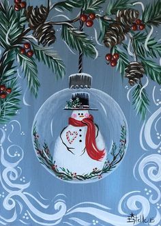 a painting of a snowman in a glass ornament