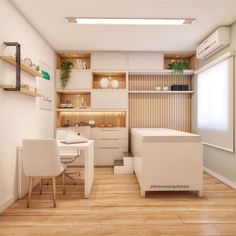 a room with white furniture and wooden shelves on the wall, along with a dining table