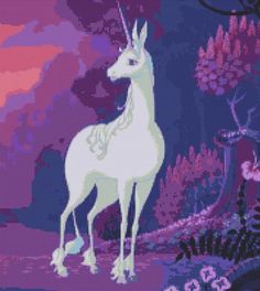 an image of a white unicorn standing in front of purple and pink background with trees