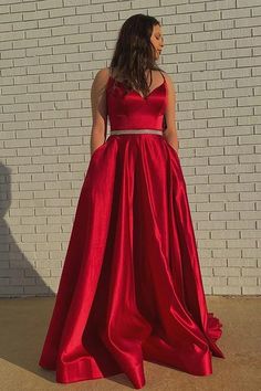 Red Formal Prom Dresses, Satin Long Prom Dress, Red Formal Dresses, Red Evening Dress, Evening Outfits, Dress With Belt, Formal Dresses Prom, Red Satin, Long Prom Dress