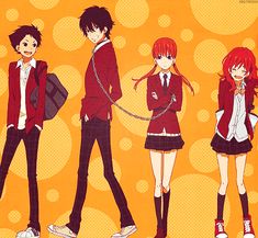 four anime characters are standing in front of an orange background