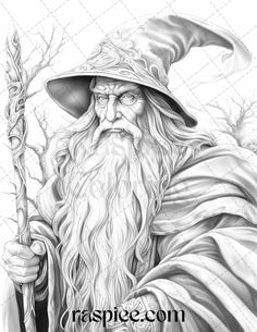 a drawing of an old wizard holding a staff