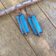 Blue Artisan Copper Earrings, Artisan Blue Copper Earrings, Blue Patina Earrings For Gift, Unique Blue Copper Earrings, Artsy Earrings, Jewerly Making, Wire Jewelry Designs, Copper Accents, Enameled Copper